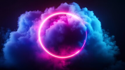 Fototapeta premium Glowing neon pink circle ring in blue and purple smoke cloud.