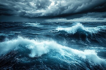 Fototapeta premium Dark, turbulent sea with powerful waves crashing against each ot