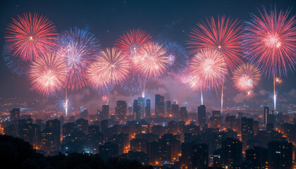 Fireworks display over cityscape, breathtaking, lighting up the skyline during the night