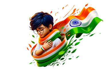 A transparent PNG illustration of an Indian Boy honoured for the celebration of Indian republic day and Independence Day by wrapping the tricolor Indian flag