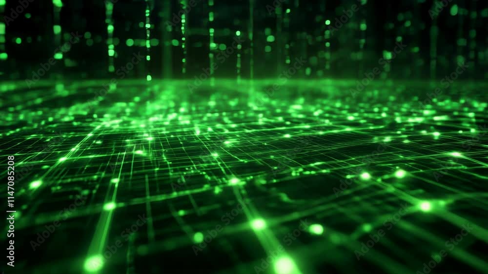 Poster a captivating green digital data stream that embodies advanced technology and visions of an exciting