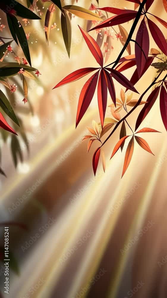 Poster sunlight filtering through vibrant leaves in a tranquil forest setting during autumn