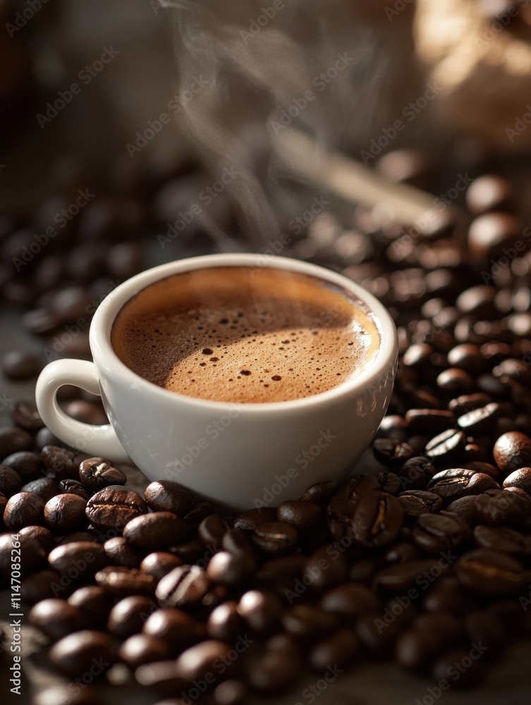 Poster close up view of steaming coffee cup surrounded by scattered coffee beans. generative ai