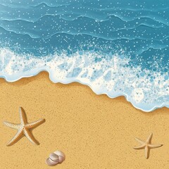 Starfish and seashell near gentle ocean waves along sandy beach under clear sky at daylight