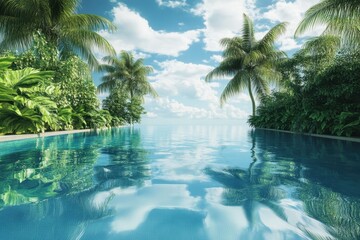 Serene tropical pool reflects palm trees and clouds on a sunny day