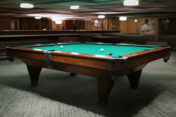 Pool table in a dimly lit billiards room with colorful balls arranged for a game