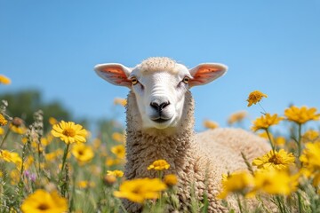 Fototapeta premium Sheep standing amidst vibrant yellow flowers in a bright field under a clear blue sky during springtime