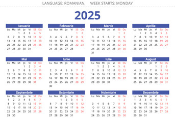 2025 year romanian calendar. Vector illustration for Romania (and Moldova)