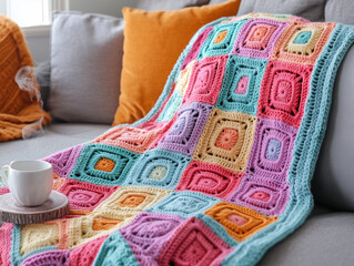 A cozy hand crocheted patchwork blanket draped over a sofa features a combination of bright and pastel squares. Each square features a unique crochet pattern, adding texture and personality.
