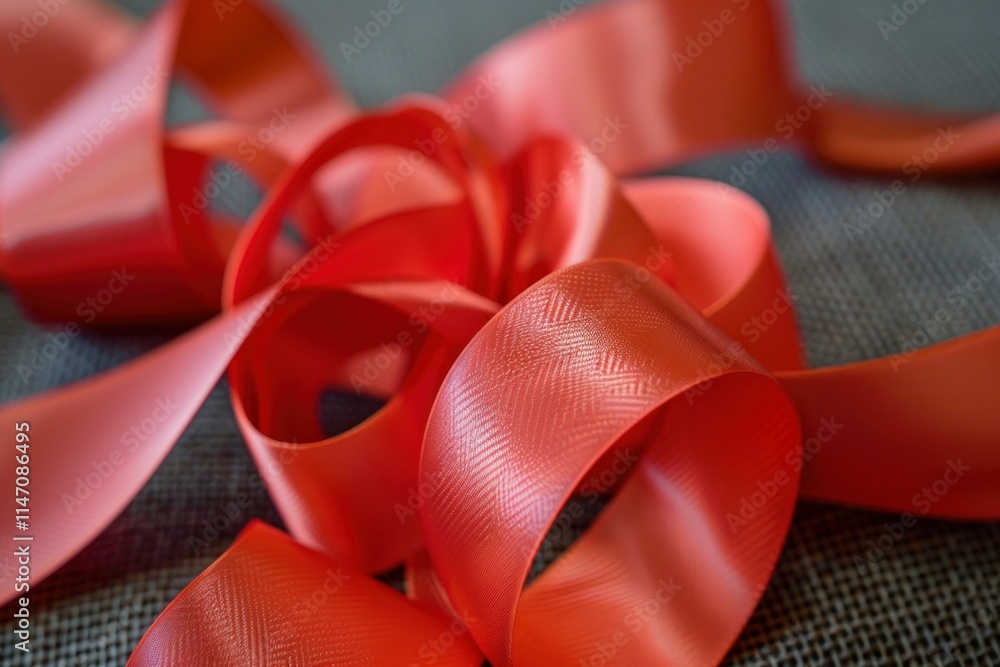 Poster red ribbon creating a tangled abstract shape, laying on a grey textured background