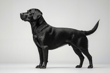 A black dog standing in front of a white background