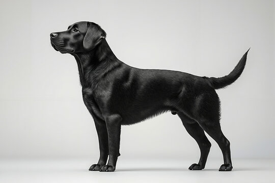 A black dog standing in front of a white background