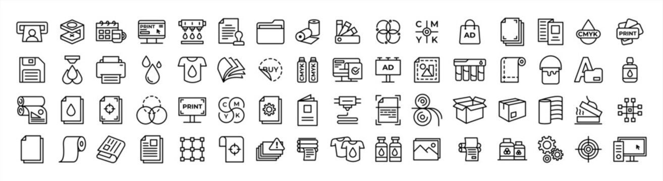 Collection of printing line icons.Pixel Editable stroke, vector 10 eps.