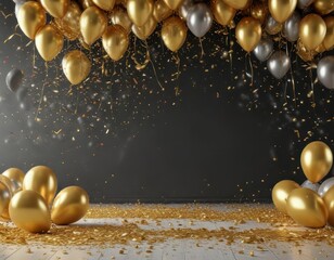 Naklejka premium Abstract celebratory backdrop with scattered gold balloons and multicolored confetti , colorful, design