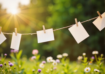 Blank paper notes hanging on a string with flowers and sunlight in a garden for creative decoration