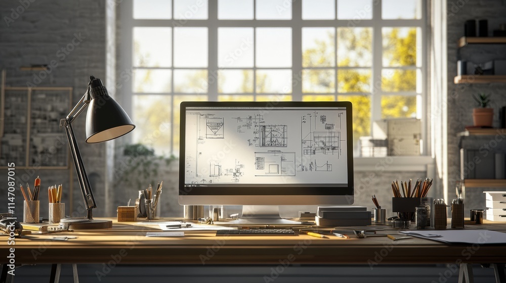 Poster modern engineering desk with blueprints and bright natural light in a contemporary workspace filled 