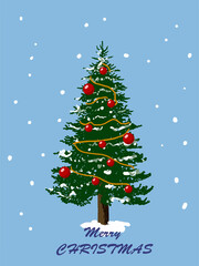 A Christmas card design featuring a decorated tree with red ornaments, golden ribbons, and snowflakes on a blue background with falling snow, wishing 