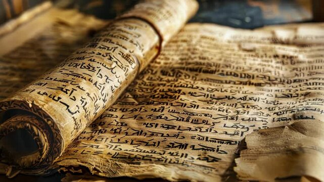 Close up of an old, rolled up scroll placed on an open book showcasing arabic script, capturing the essence of history, literature, and ancient knowledge