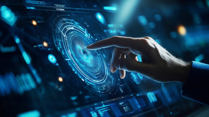 
Hand touching holographic digital interface with glowing swirl, data and circles on virtual screen on dark blue background. Businessman using advanced technology.