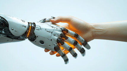 A robot hand reaches out to touch a human palm, creating a connection between them. The background is white. interaction between humans and new technologies, artificial intelligence