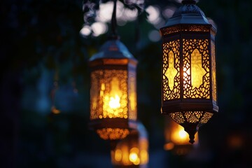 Illuminated metal lanterns hang, nighttime ambiance.