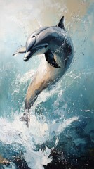 Fototapeta premium Dolphin leaps joyfully above ocean waves showcasing its agility and grace in a vibrant blue marine environment