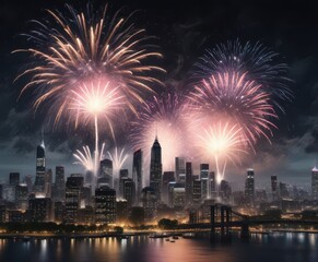 Fireworks exploding over a city skyline at night, urban, nighttime