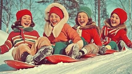 Fototapeta premium joyful winter adventures: diverse teenage girls sledding together - perfect for a sports-themed poster celebrating togetherness and fun on a snowy day!