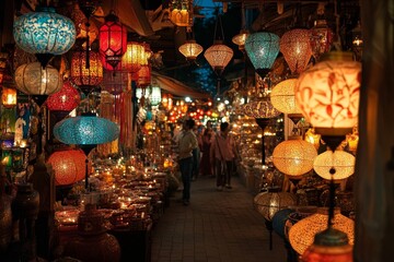 Illuminated lanterns and candles line a market alley.