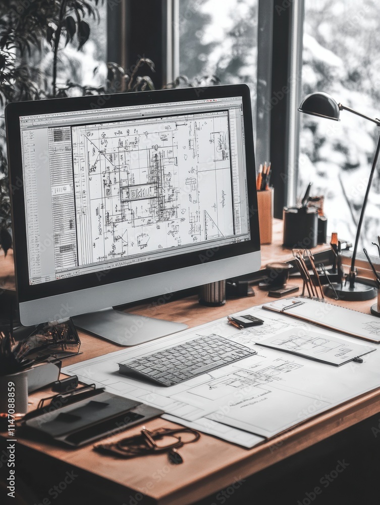 Leinwandbilder modern engineering desk with design plans and tools in a bright workspace. generative ai