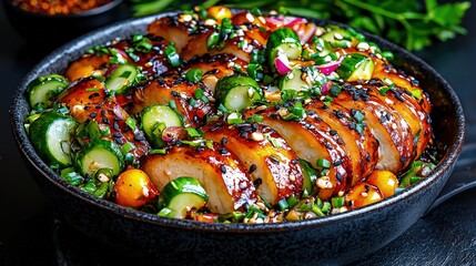 Sliced teriyaki chicken with cucumber salad.