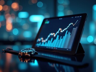 Digital tablet displaying stock market trends with a wristwatch beside it during a nighttime setting