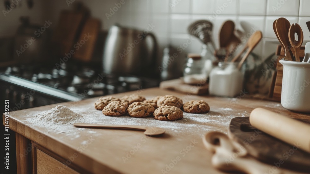 Aufkleber freshly baked cookies cooling on a kitchen countertop with copy space for text or graphics. generati