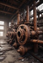 Rusty pipes, cogs, and gears in abandoned factory , construction, technology, abandoned