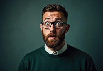 Obraz premium A bearded man with glasses looks shocked and surprised, his expression conveying disbelief and astonishment.