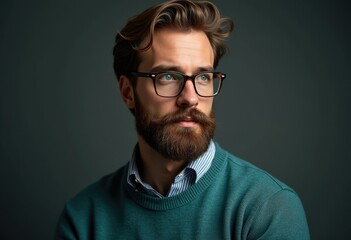 Fototapeta premium A thoughtful man with a beard, glasses, and teal sweater, looking away pensively.