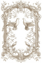 Fototapeta premium Ornamental Frame Design for Peace: Intricate Vector with Doves and Olive Branches on a White Background