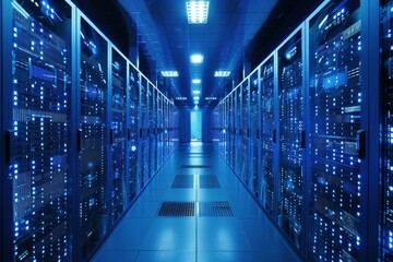 Fototapeta premium Server room data center showing modern network equipment working with blue lights