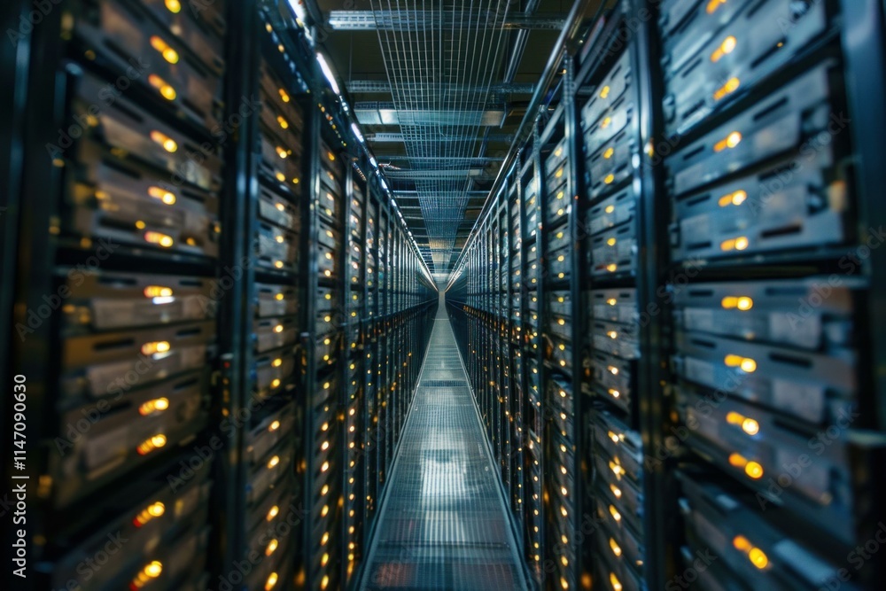 Poster server room in data center showing network equipment and computers working with bright yellow lights