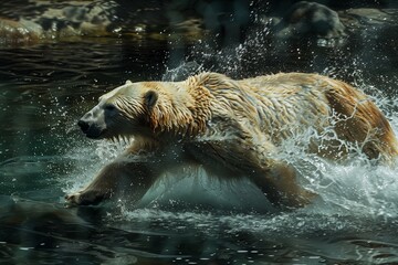 Fototapeta premium A powerful bear splashes through the water, showcasing its strength and grace in a natural habitat.