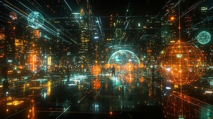 Fototapeta premium Futuristic cityscape with glowing orbs and digital data streams.