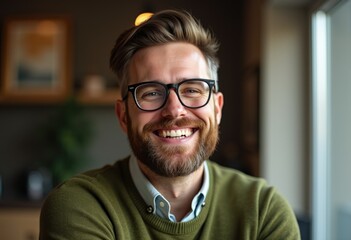 Obraz premium A happy, smiling man with a beard and glasses, wearing a green sweater.
