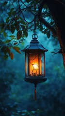 Soft light illuminates lantern hanging from tree as evening descends in quiet forest setting