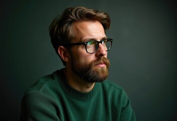Obraz premium A pensive man with a beard and glasses, thoughtfully looking away, wearing a green sweater.