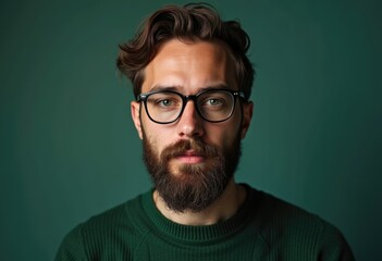 Obraz premium A portrait of a bearded man wearing glasses, serious expression against a dark green background.