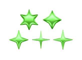 3d Star Shapes Collection Green Shiny Glossy Metallic Icons Realistic Vector Illustrations Isolated On Transparent Background