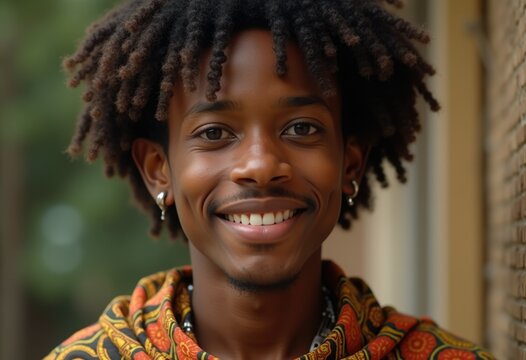 A young Black man with locs smiles warmly, wearing a patterned garment.