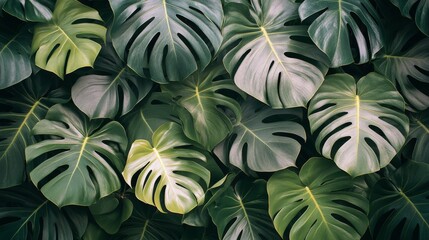 Lush tropical foliage with varying shades of green illuminated by soft natural light in a serene environment