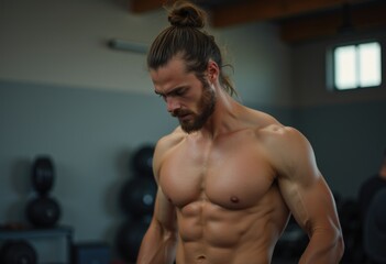 Fototapeta premium A muscular man with a topknot hairstyle stands in a gym, looking down.