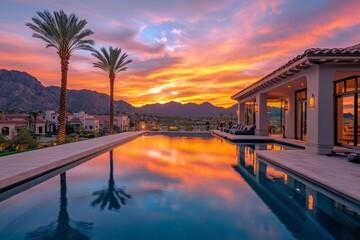 Fototapeta premium Serene sunset over a tranquil lake surrounded by palm trees and lush greenery in a scenic residential area